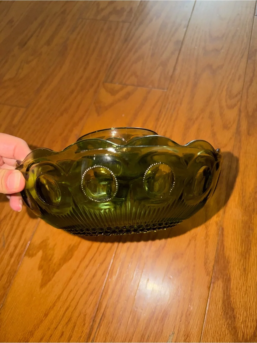 Vintage Olive Green Glass Chip & Dip Bowl Set Scallop Dotted Kitchen Home Decor